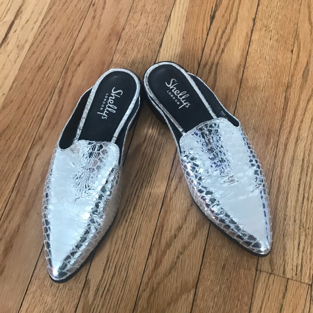 Shellys London Metallic Silver Snake Print Mules - Picture 5 of 5